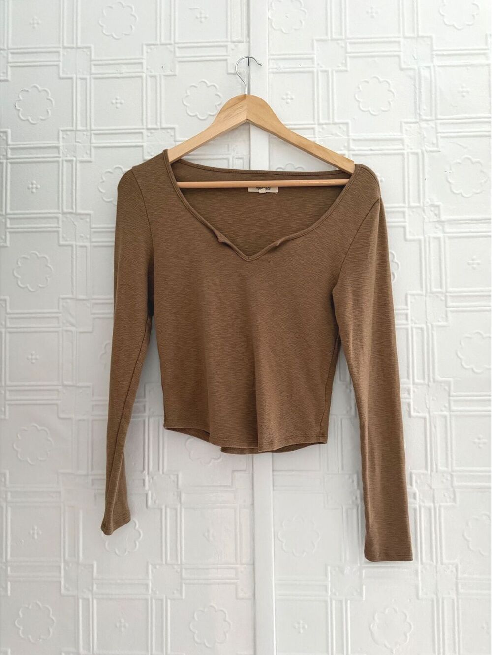 Madewell Brown Notch Neck Long Sleeve Slub Crop Top Size S